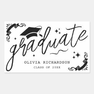 Personalised Graduation Elegant Script Stars & Cap Rectangular Sticker