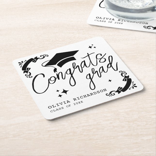 Personalised Graduation Elegant Script Stars & Cap Square Paper Coaster (Angled)