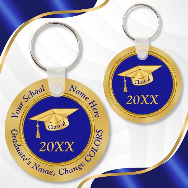Personalised Graduation Party Favours, Text, Key Ring (Blue and Gold Personalized, Cheap Class Reunion Gift Ideas. High School Reunion Favors. 2004, 2014)