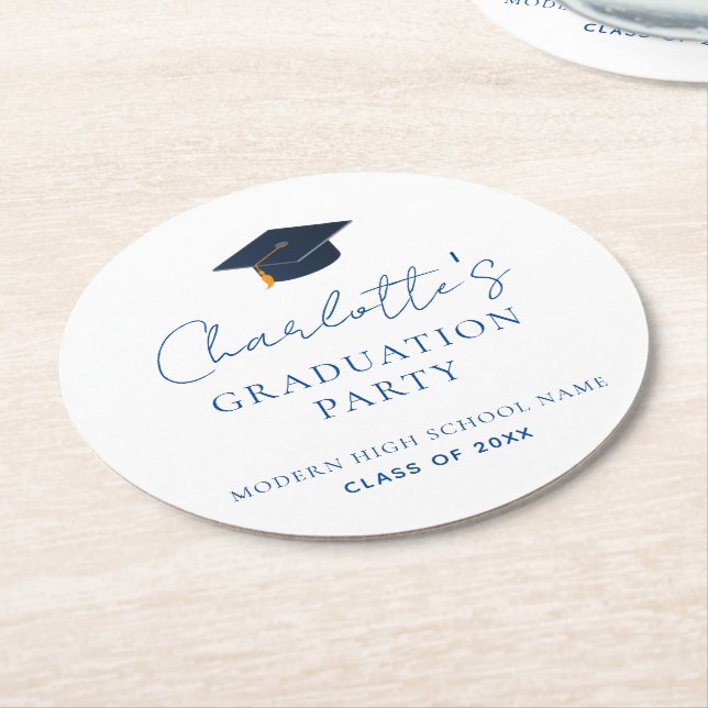 Personalised Graduation Party Modern Typography Round Paper Coaster (Angled)