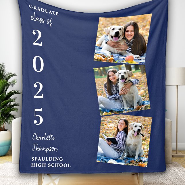 Personalised Graduation Photo Collage Navy Blue  Fleece Blanket (Creator Uploaded)