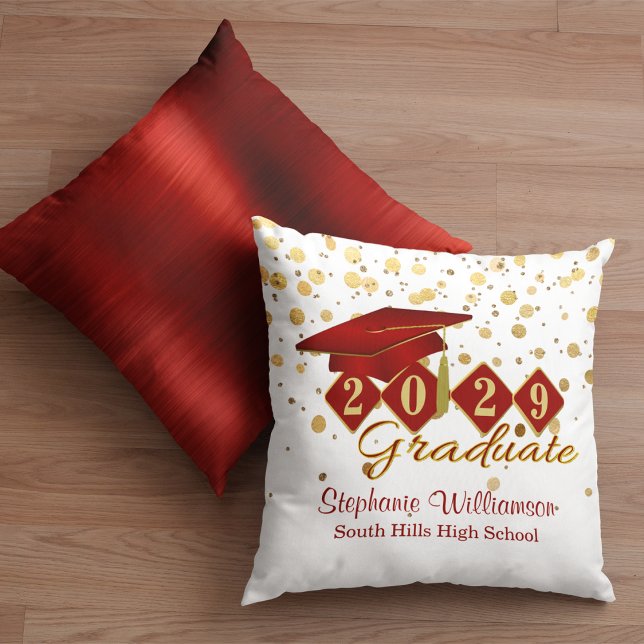 Personalised Graduation Red & Gold Confetti Cushion (Personalized Graduation Red & Gold Confetti Throw Pillow Front and Back)