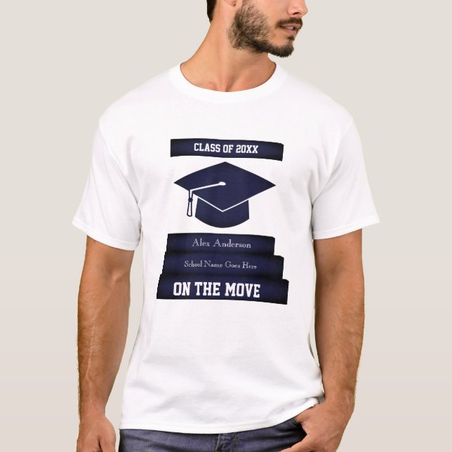 Personalised Graduation Tee 1 Grad Cap Gown Stairs (Front)