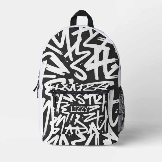 Personalised Graffiti Name Pattern — Custom Urban Printed Backpack (Front)