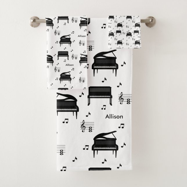 Personalised Grand Piano and Music Notes Pattern Bath Towel Set (Insitu)