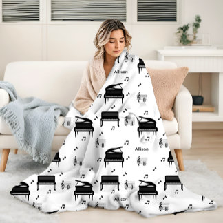 Personalised Grand Piano and Music Notes Pattern Fleece Blanket