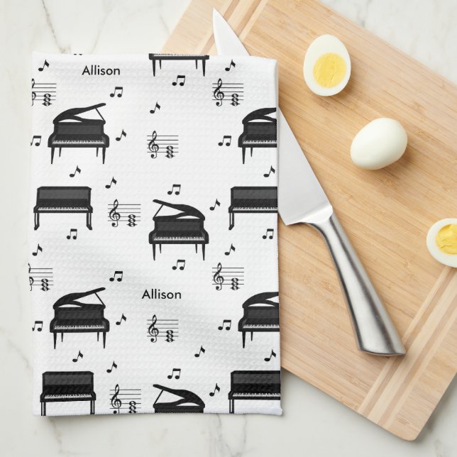 Personalised Grand Piano and Music Notes Pattern Tea Towel (Quarter Fold)
