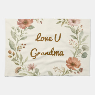 Personalised Grandma Custom Floral Wreath Gift Tea Towel