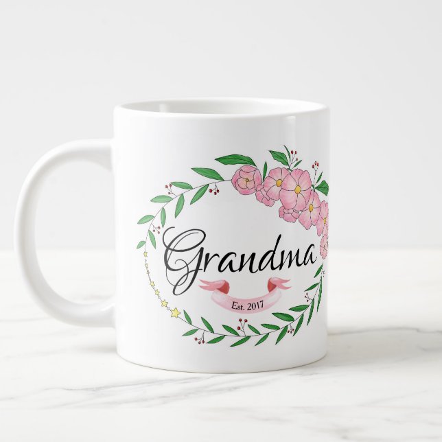 Personalised Grandma Established Flower Wreath Large Coffee Mug (Left)