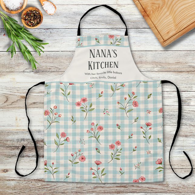Personalised Grandma Kitchen Blue Gingham Floral Apron (Creator Uploaded)