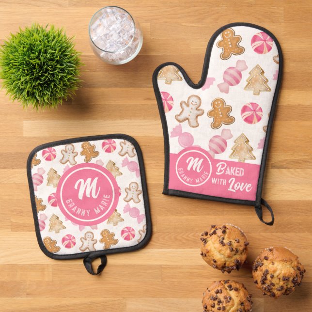 Personalised Grandma Monogram Pink Sugarplums  Oven Mitt & Pot Holder Set (Top Down)