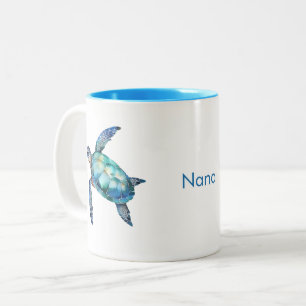 Personalised Grandma Name Turquoise Sea Turtle Two-Tone Coffee Mug