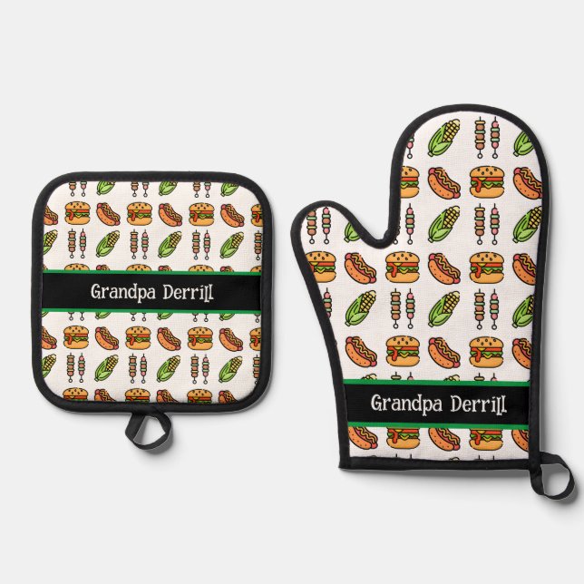 Personalised Grandpa Cute Barbecue Foods Oven Mitt & Pot Holder Set (Front)