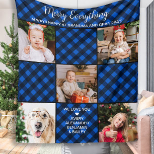Personalised Grandparents Blue Plaid 5 Photo Fleece Blanket
