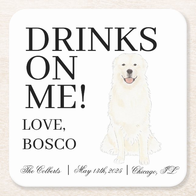 Personalised Great Pyrenees Dog Wedding Square Paper Coaster (Front)