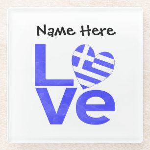 Personalised Greek Flag Heart Blue LOVE Glass Coaster