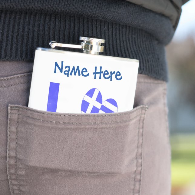Personalised Greek Love Flag Heart Hip Flask (In Situ)