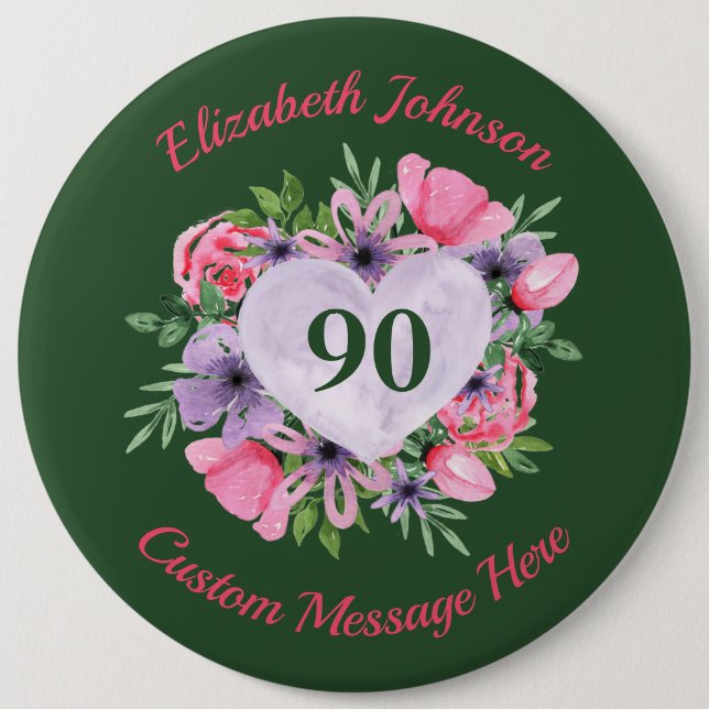 Personalised Green 90th Birthday Button (Front)