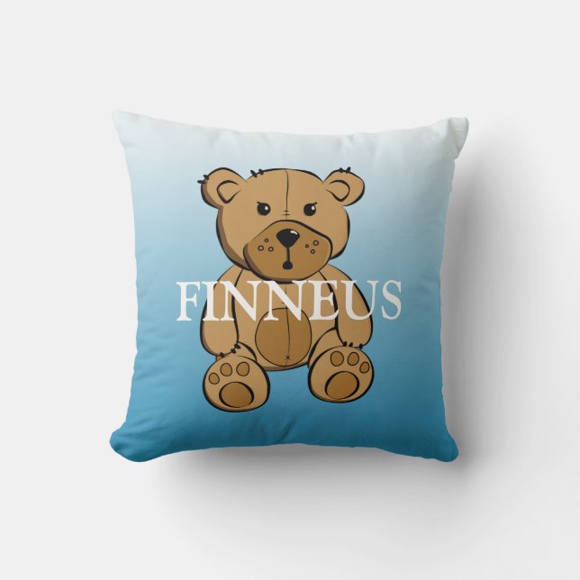 Personalised Green and Blue Striped Teddy Bear Cushion (Front)