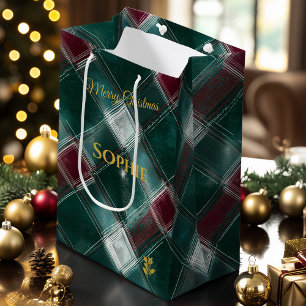 Personalised Green and Burgundy Plaid Christmast Medium Gift Bag