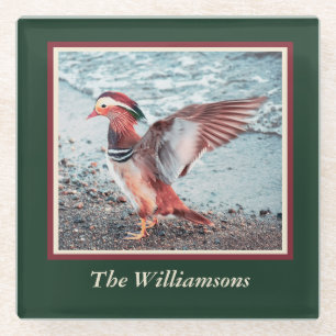 Personalised Green and Dark Red Mandarin Duck Glass Coaster