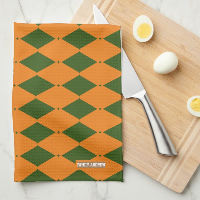 Personalised green and orange diamond pattern tea towel (Quarter Fold)