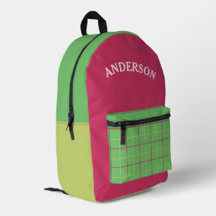 Personalised Green And Pink Gingham Plaid Pattern Printed Backpack