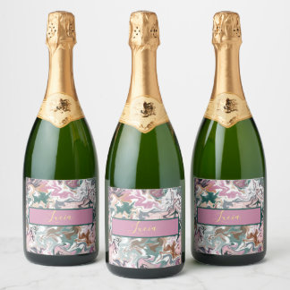 Personalised Green and Pink Marble Abstract Custom Sparkling Wine Label