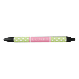 Personalised Green and Pink Polka Dots Pattern Black Ink Pen