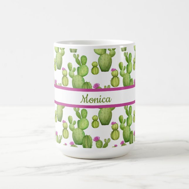 Personalised, Green and Purple, Cactus Patterned Coffee Mug (Center)
