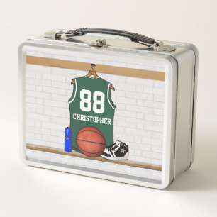 Personalised green and white basketball jersey metal lunch box