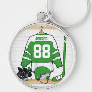 Personalised Green and White Ice Hockey Jersey Key Ring