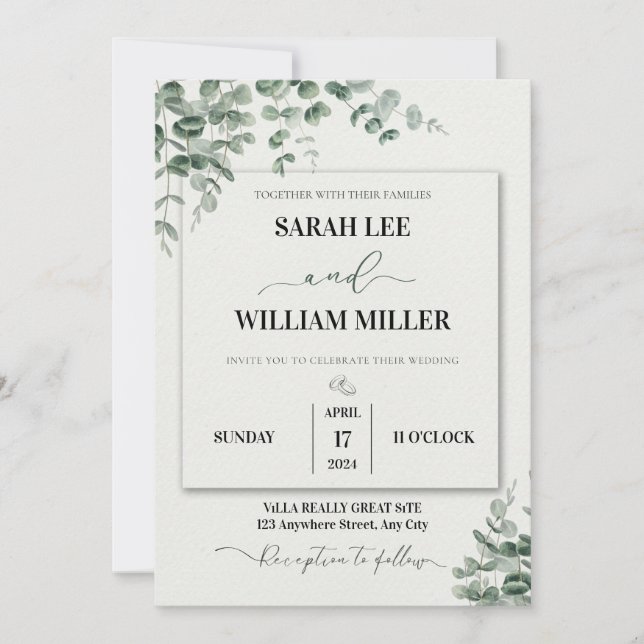 Personalised Green And White Watercolor Wedding Invitation (Front)