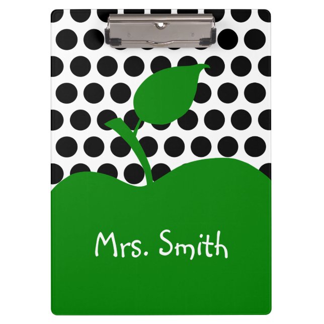 Personalised Green Apple White and Black Polka Dot Clipboard (Front)