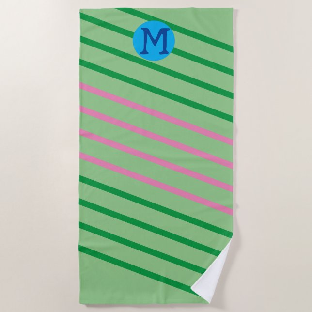 Personalised Green Beach Towel Pink/Green Stripes (Front)