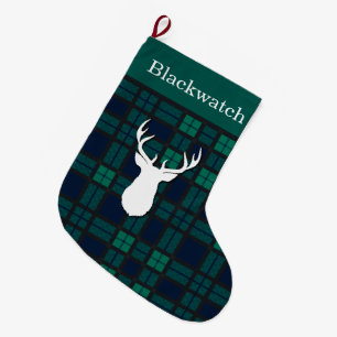 Personalised Green Blackwatch Tartan Deer Large Christmas Stocking