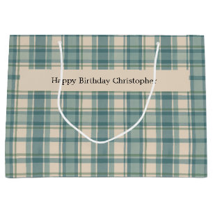 Personalised Green Blue Beige Plaid Men's Birthday Large Gift Bag