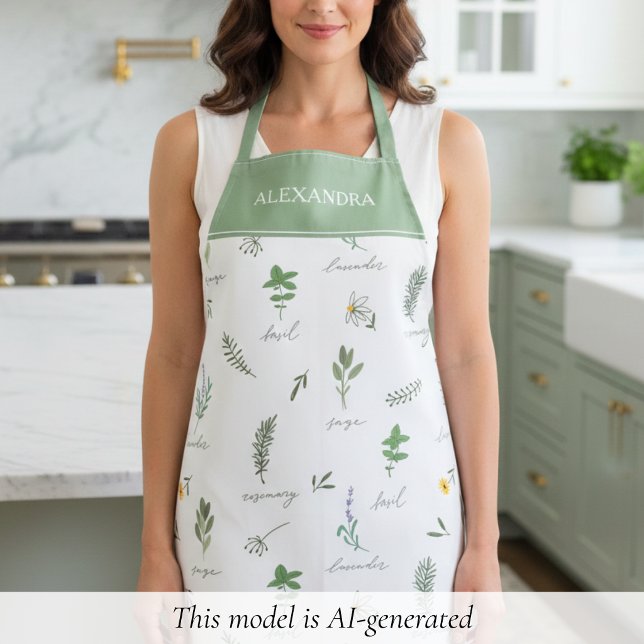 Personalised Green Botanical Apron (sage green botanical garden cottagecore farmhouse apron for her, with custom name monogram)