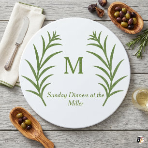 Personalised Green Botanical Wreath Monogram Round Cutting Board