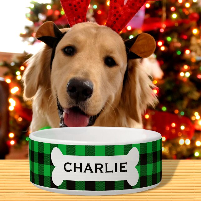 Personalised Green Buffalo Plaid Christmas Dog Bowl (Creator Uploaded)