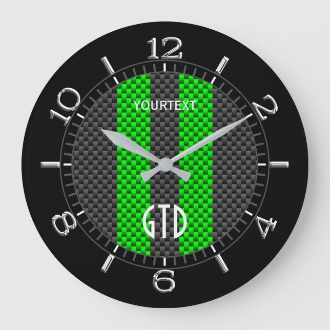 Personalised Green Carbon Style Racing Stripes Large Clock (Front)