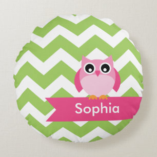 Personalised Green Chevron Pink Owl Round Cushion