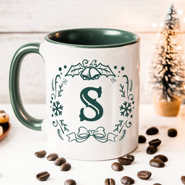 Personalised Green Christmas Wreath Monogram Mug (Creator Uploaded)