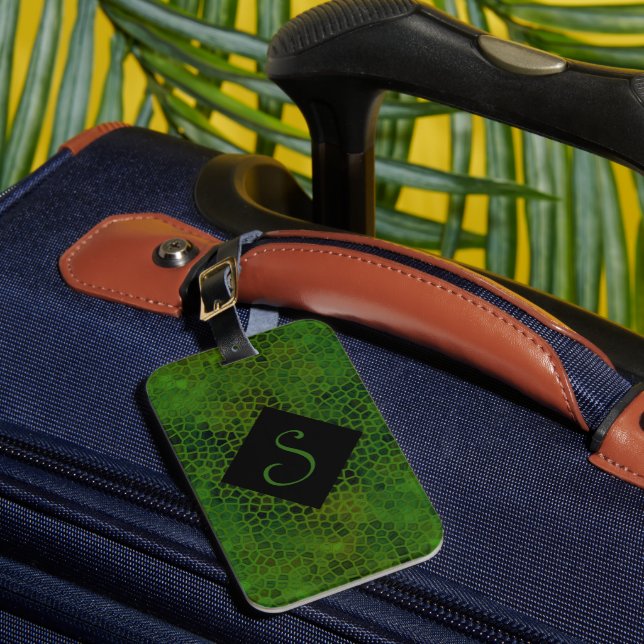 Personalised Green Dinosaur Hide Luggage Tag (Front Insitu 1)