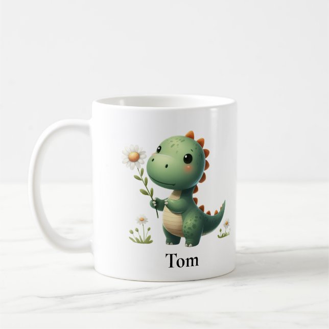 Personalised Green Dinosaur with Flower Coffee Mug (Left)