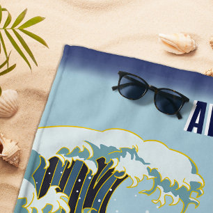 Personalised Green Dragon Blue Wave Red Sun Beach Towel