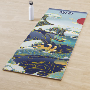 Personalised Green Dragon Blue Wave Red Sun Yoga Mat