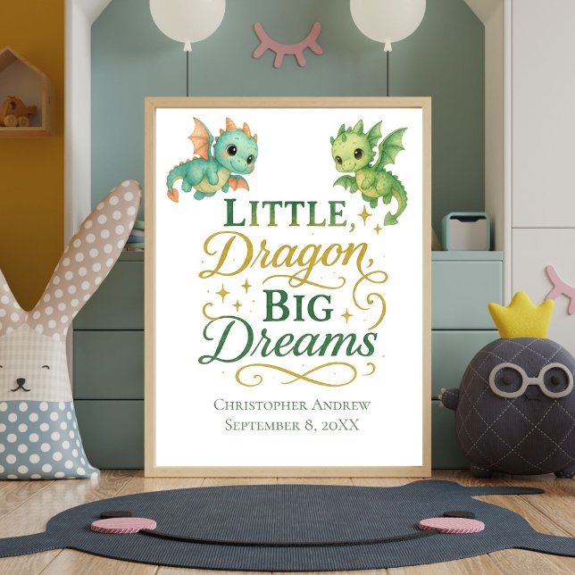 Personalised Green Dragons Birth Stats Baby Boy  Poster (Little Dragon Big Dreams Baby Boy Nursery Wall Art Print. Personalized with Name Birthday Birth Stat)