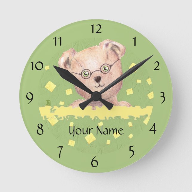 Personalised Green-eyed Teddy Round Wall Clock (Front)