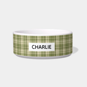 Personalised Green Farmhouse Style Plaid Pet Bowl